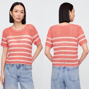 NWT Gap Stripe Short Sleeve Crochet Knit Sweater Top Pink/White Women's Size XXL